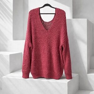 Cozy Knit V-Neck Sweater-Pink, Burgandy. Oversized & Can Be Worn Off 1 Shoulder
